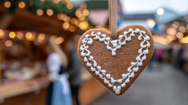 Heart shaped gingerbread cookie hanging at christmas market