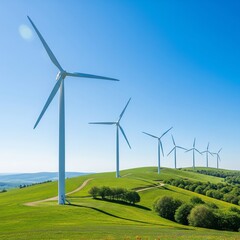 Sustainable wind turbines on a green hillside under a clear blue sky, promoting renewable energy trends through 2026. Essential for environmental campaigns and business reports.