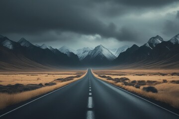 Endless road through dramatic mountain landscape under stormy skies