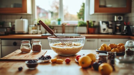 Baking batter in glass bowl on kitchen counter with fruit.