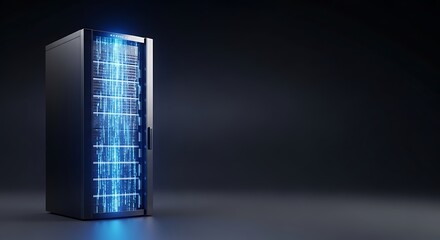 Modern server rack pulsing with vibrant blue data streams in a dark, futuristic data center environment