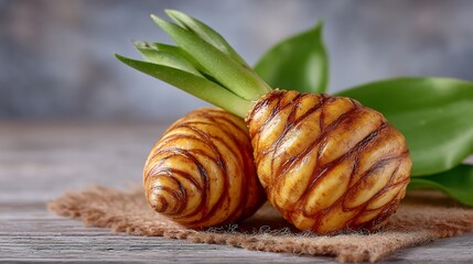 Close-up of Two Freshly Harvested Turmeric Bulbs with Sprouting Shoots