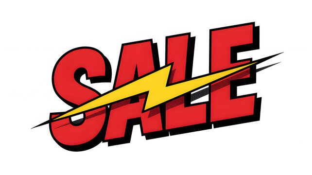 Comic Style SALE Text with Yellow Lightning Bolt, Bright High Contrast Design