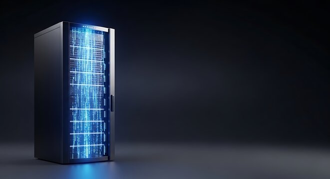 Modern server rack pulsing with vibrant blue data streams in a dark, futuristic data center environment