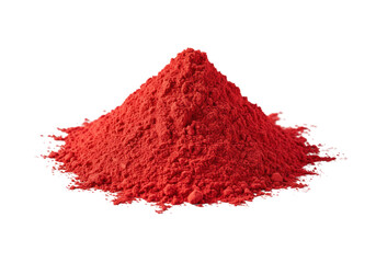 A sculptural mound of vibrant, finely milled scarlet red powder with velvety texture, precise 45-degree angle, on a seamless transparent background. Concept for product purity