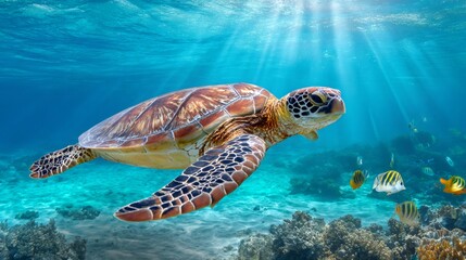 Obraz premium Sea turtle swimming in the ocean with coral reef and tropical fish