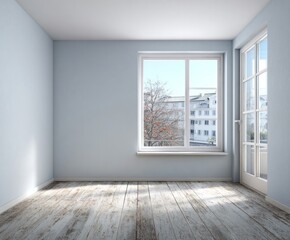 Obraz premium An empty room with light blue walls and a view of city buildings through a large window.