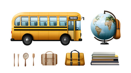 School bus, school bag, books, pens, globe, glasses, pen holder, briefcase, transparent picture, cutout, png