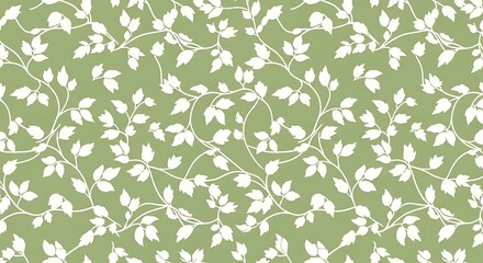 Elegant Green Background with White Leaves and Vines Seamless Pattern Design