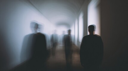 Blurred figures dance through a spectral corridor, evoking Samhain's mystery and All Hallows' Eve spectral gatherings