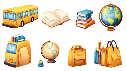 School bus, school bag, books, pens, globe, glasses, pen holder, briefcase, transparent picture, cutout, png