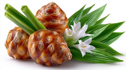Fresh Turmeric Roots with Blooming Flowers and Leaves