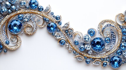 Blue and gold jeweled swirl design on white.