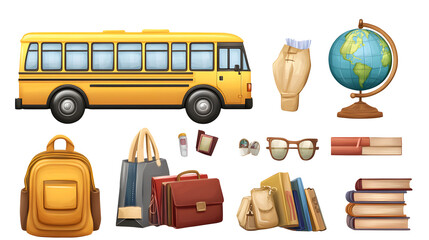 School bus, school bag, books, pens, globe, glasses, pen holder, briefcase, transparent picture, cutout, png