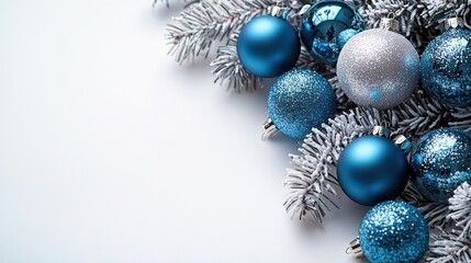 Blue and silver Christmas ornaments on snowy fir branches on white background.