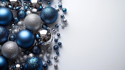 Blue and silver Christmas baubles on white background.