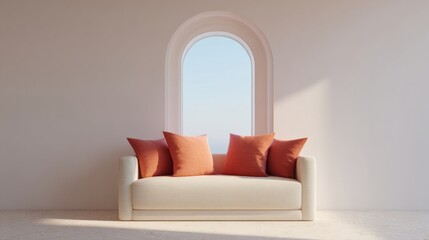 A minimalistic ivory couch with vibrant terra cotta pillows basking under sunlit tranquility, perfect for Feng Shui harmony or Matariki celebrations