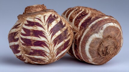 Close-up of Two Strikingly Patterned Taro Roots