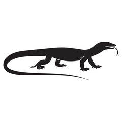 Silhouette of a komodo dragon lizard with its tongue flicking out against a clean white background