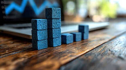 Blue cubes forming a bar graph on a wooden table with a laptop showing a declining chart in the background.
