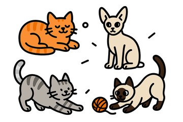 Collection of cute cartoon cat characters including tabby, sphynx, and siamese breeds in various playful and sleeping poses