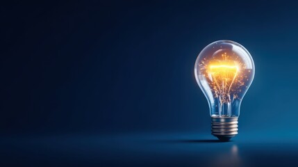 Bright Light Bulb Glowing with Sparks in Dark Blue Background