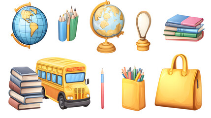School bus, school bag, books, pens, globe, glasses, pen holder, briefcase, transparent picture, cutout, png