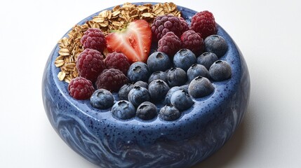 Blue smoothie bowl with berries, oats, and strawberry.