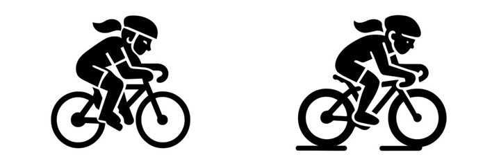 Naklejka premium Woman cyclist riding a road bike and on a stationary trainer black silhouette icon set for sports and fitness