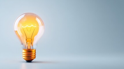 Bright Yellow Light Bulb on Soft Blue Background with Warm Glow