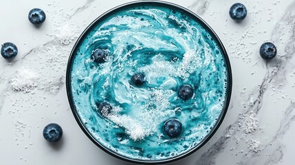 Blue spirulina smoothie bowl with blueberries and coconut flakes.