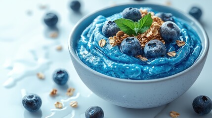 Blue spirulina smoothie bowl with blueberries and granola.