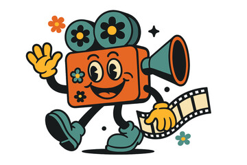 Groovy retro cartoon movie camera mascot character walking and waving with a film strip in a cheerful vintage 1970s style