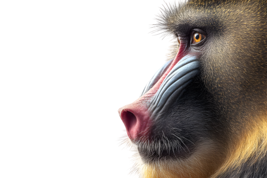 Side profile macro portrait of colorful mandrill with intense eye and textured fur isolated on transparent background