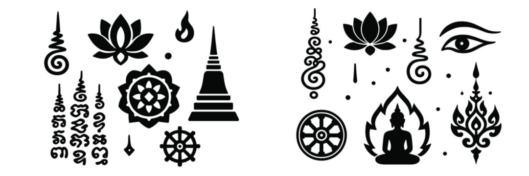 Collection of traditional Thai Sak Yant tattoo designs featuring spiritual Buddhist symbols such as the Unalome, lotus, Buddha, and stupa