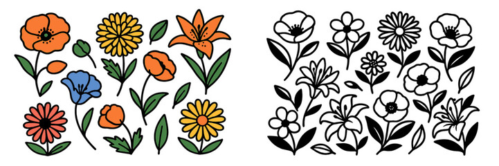 A collection of retro groovy flowers in a bold outline style, with colorful floral elements and black and white line art versions isolated on a white background