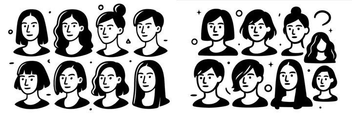 Set of minimalist black and white female portraits with various hairstyles, collection of graphic doodle style avatars for social media or profile pictures