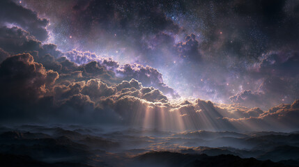 神秘的で美しいスピリチュアルアート、光と影が織りなす幻想的な世界、天使や精霊を思わせる神秘の輝き、瞑想やヒーリングに最適な抽象的アート作品、心を癒す神聖な雰囲気が漂う高解像度イラスト素材