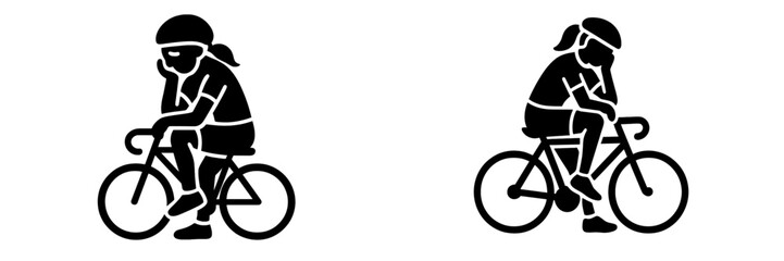 Obraz premium Sad and tired cyclist sitting on a bicycle after a race or training session, black silhouette icon of a disappointed athlete feeling exhausted
