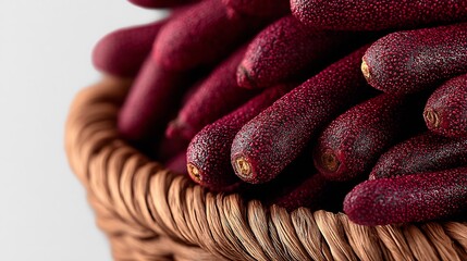 Crimson Clusters: A Close-Up of  Exotic Fruits in a Woven Basket