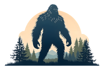 Bigfoot Silhouette Standing in a Forest Landscape with Mountains and Trees sasquatch PNG Transparent background