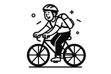 Happy cyclist with a helmet and backpack riding a bicycle in a simple black and white minimalist design