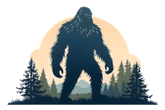Bigfoot Silhouette Standing in a Forest Landscape with Mountains and Trees sasquatch PNG Transparent background