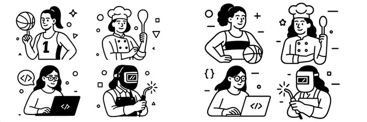 Black and white line art icon set of women in various careers like basketball player, chef, programmer, and welder showing professional diversity and empowerment