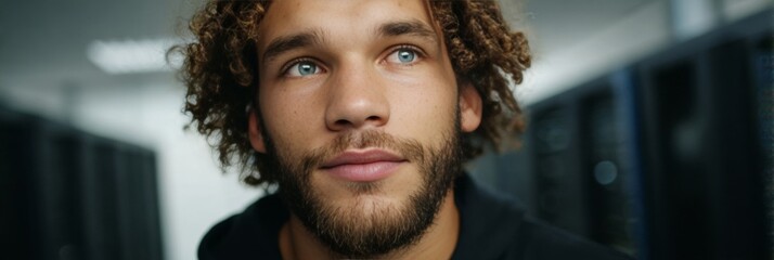 In a labyrinth of servers, a contemplative young biracial man exudes digital wanderlust during Global Data Privacy Day