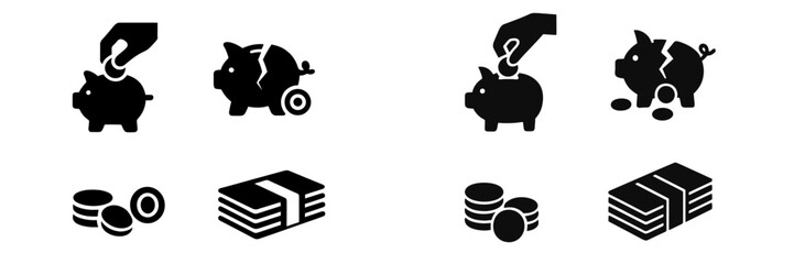 Set of black finance and money icons including piggy bank, coins, and banknotes for savings and investment concepts