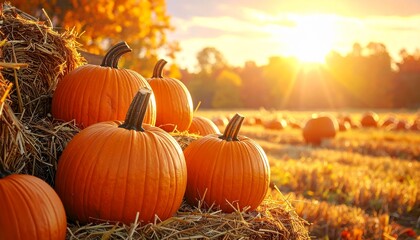 Harvest festival pumpkins displayed on hay bales in autumn landscape warm light and vibrant colors