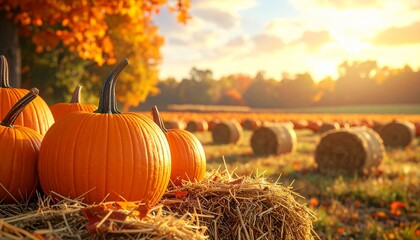 Harvest festival pumpkins displayed on hay bales in autumn landscape warm light and vibrant colors