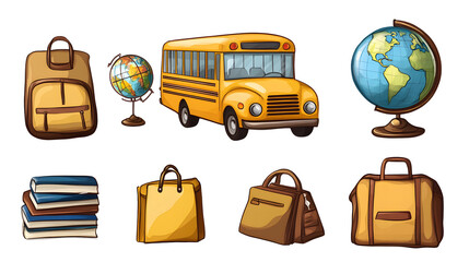 School bus, school bag, books, pens, globe, glasses, pen holder, briefcase, transparent picture, cutout, png