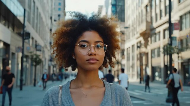 Urban scene featuring a young, mixed ethnicity woman in trendy glasses and fashionable accessories, wearing casual wear on a city street with diverse individuals.